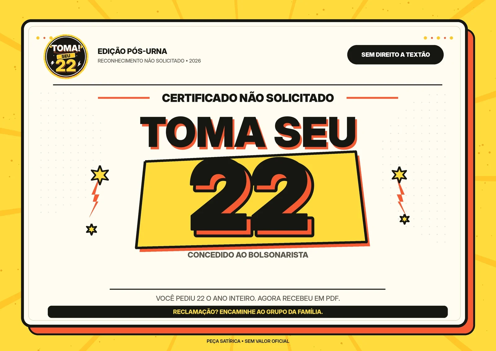 Certificado TOMA SEU 22 para Carlos do Grupo da Família
